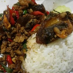 ข้าว + กระเพราเป็ดไข่เยี่ยวม้า