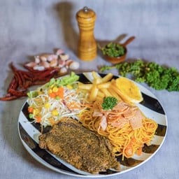 สเต็กหมูพริกไทยดำไม่ติดมัน+สปาเก็ตตี้แฮมไก่