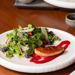 Foie gras raspberry sauce salad
