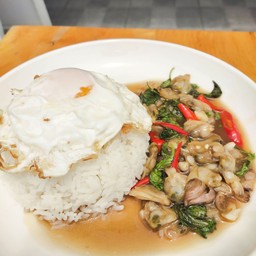 ข้าวหอยลายผัดใบโหระพา ไข่ดาว