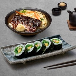 ข้าวหน้าปลาซาบะย่างซีอิ๊ว + ฟูโตมากิไส้ยำสาหร่าย