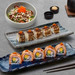 โรลแซลมอนเบิร์นไฟราดซอสเทริยากิ + โรลซาบะดอง + สลัดหนังปลาแซลมอน