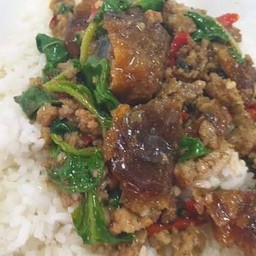 ผัดกะเพราไข่เยี่ยวม้า ราดข้าว