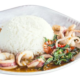 ข้าวกะเพราหมึก - Rice Topped  with Stir-Fried Basil  and Squid