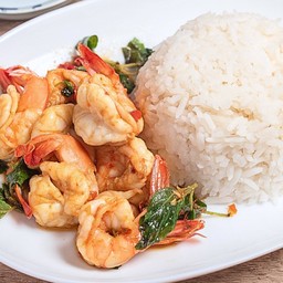 ข้าวกะเพรากุ้ง - Rice Topped  with Stir-Fried Basil  and Shrimp
