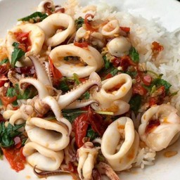 ข้าวกะเพราปลาหมึกพริกสด