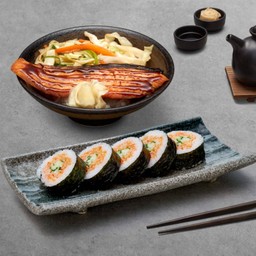 ข้าวหน้าปลาแซลมอนย่างซีอิ๊ว + ฟูโตมากิไส้ปูอัดแป้งเทมปุระ