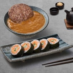 ข้าวแกงกะหรี่แฮมเบิร์ก + ฟูโตมากิไส้แซลมอน