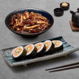 ข้าวหน้าเนื้อยากินิกุสไปซี่ + ฟูโตมากิไส้ปูอัดแป้งเทมปุระ