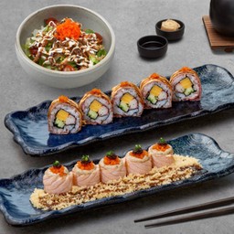โรลแซลมอนภูเขาไฟซอสทรัฟเฟิล + โรลเนื้อวากิว + สลัดหนังปลาแซลมอน