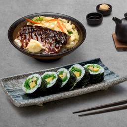 ข้าวหน้าปลาซาบะย่างซีอิ๊ว + ฟูโตมากิไส้ยำสาหร่าย