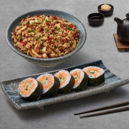 ข้าวหน้าหมูสับซอสกิวด้ง + ฟูโตมากิไส้แซลมอน