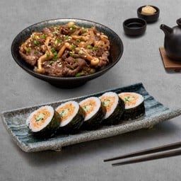 ข้าวหน้าเนื้อยากินิกุ + ฟูโตมากิไส้ปูอัดแป้งเทมปุระ