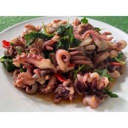 กะเพราหนวดหมึกราดข้าว+ไข่ดาว