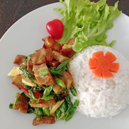 กระเพราหมูกรอบ +ไข่ดาวเจ (ฟองเต้าหู้)