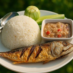 ข้าวน้ำพริกหยำกุ้งลวก+ปลาทูทอด