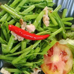 ผัดผักบุ้งไฟแดง เจ- กับข้าว