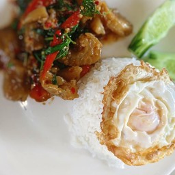 กระเพราเอ็นแก้วตุ๋นราดข้าว