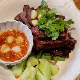 Deep fried fish sauce marinated beef with dried shrimp chili and lime dipping