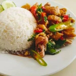 ข้าวกระเพราหมูชิ้น+ไข่ดาว Fried  pork with basil leaves