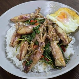 ข้าวกะเพราปลาหมึกกะตอย