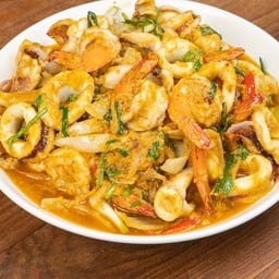เมนู - ผัดผงกะหรี่ ( ราดข้าว )