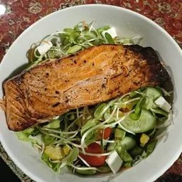 Grilled Salmon steak salad.