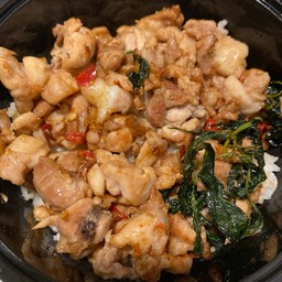 ข้าวราดผัดเผ็ดไก่ใบยี่หร่า