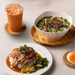 [เซตสุดฮิต] ข้าวขาหมู (เนื้อ+หนัง) + เล้งแซ่บบบ + ชาไทยเย็น