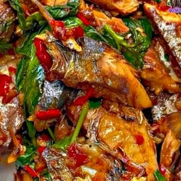 ปลาทูผัดพริกโหระพาราดข้าว