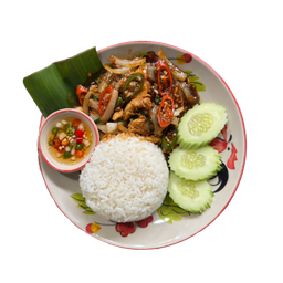 ผัดพริกหยวกราดข้าว (Stir-fried with chili sauce on rice)