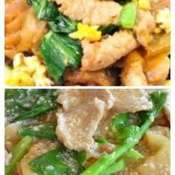 ผัดซีอิ้วหมูชิ้นคู่กับราดหน้าหมูชิ้น