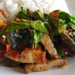 กระเพราหมูกรอบไข่เยี่ยวม้า