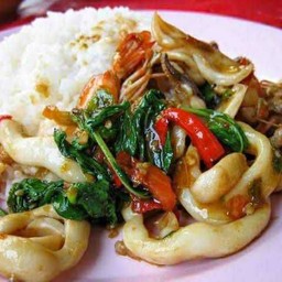 กะเพราหมึกราดข้าว