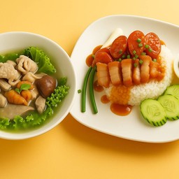 เซ็ต  ข้าวหมูกรอบ PN + ต้มเลือดหมู แถมน้ำเปล่า