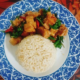 กะเพราหมูกรอบเจราดข้าว Vegan