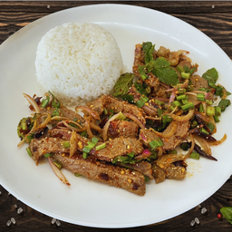 ข้าวน้ำตกเนื้อทอด