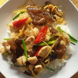 ไก่ผัดขิงราดขาดข้าว