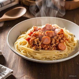 สปาเก็ตตี้ ซอสแดง หมูสับ+ไส้กรอกชีส