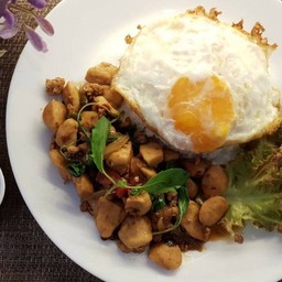 ข้าวกะเพราพริกแห้ง + ลูกชิ้นหมูสับ