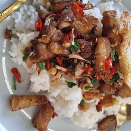 หมูกรอบคั่วพริกเกลือราดข้าว