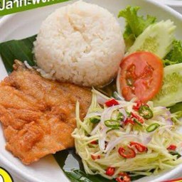 ปลากระพงทอดน้ำปลา ราดข้าว Premium