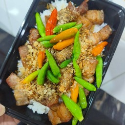 ข้าวหมูทอดกระเทียมพริกโดด