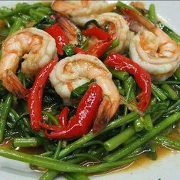 ผัดผักบุ้งกุ้ง ราดข้าว