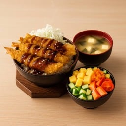 ข้าวกุ้ง ซอสทงคัตสึ + มินิซุปมิโซะ + สลัดปูมินิ