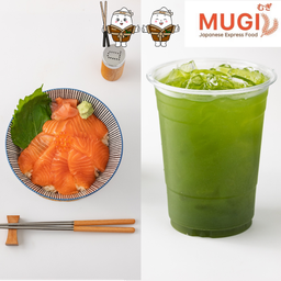 [Set มูกิอิ่มคู่น้ำ C] ข้าวหน้าปลาแซลมอน + เครื่องดื่ม 50 บาท