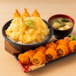 ข้าวหน้าไข่ข้นกุ้งซอสทสึยุ + ซุป + ซูชิก้งโรล