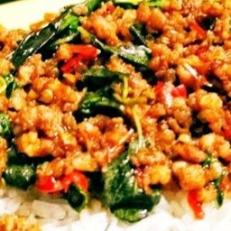 กระเพราหมูสับราดข้าว