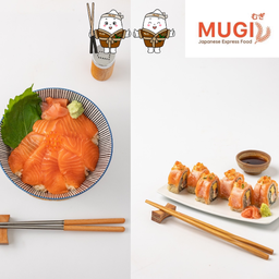 [Set มูกิสุดคุ้ม C] ข้าวหน้าปลาแซลมอน+โรลแซลมอนเบิร์นครีมชีส