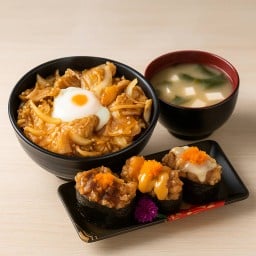 SET ข้าวหมูสามชั้น ซอสชาบู ไข่ออนเซ็น + ซุป + ซูชิรวมแซลมอนเบิร์น